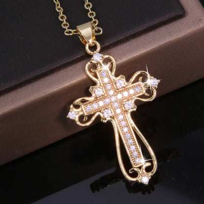 Copper 18K Gold Plated Inlay Cross Heart Shape Zircon Pendant Necklace