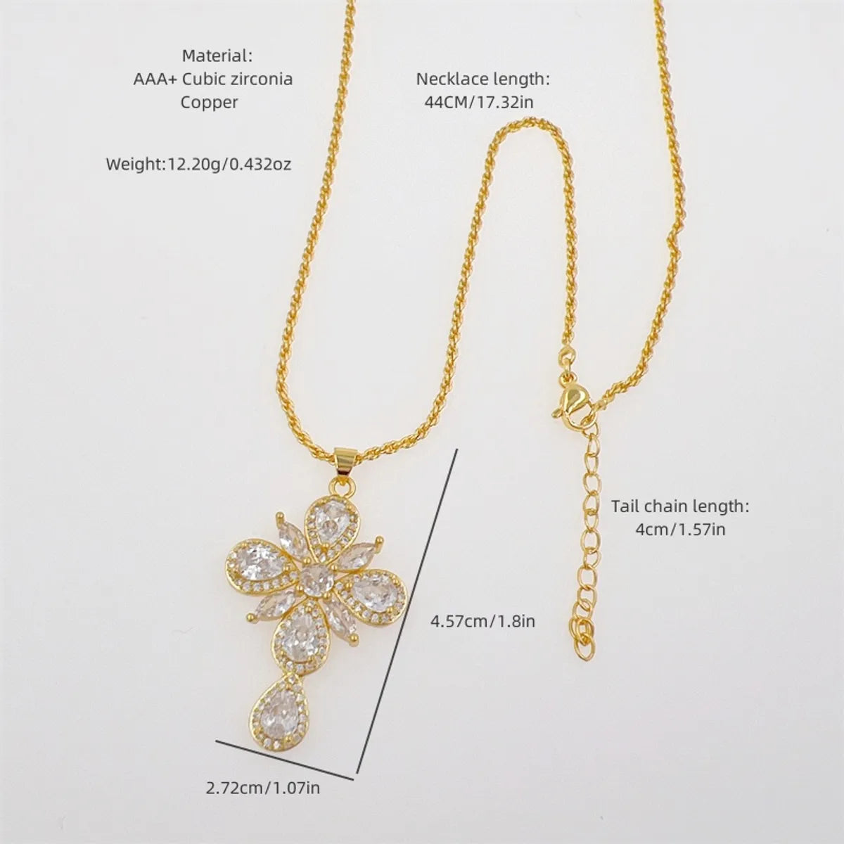 Copper 18K Gold Plated Inlay Cross Water Droplets Zircon Pendant Necklace