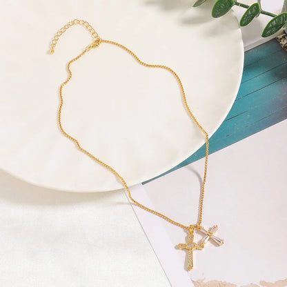 Copper 18K Gold Plated Inlay Cross Zircon Pendant Necklace