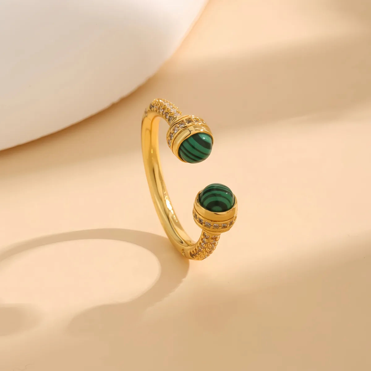 Copper 18K Gold Plated Inlay Geometric Malachite Zircon Open Rings