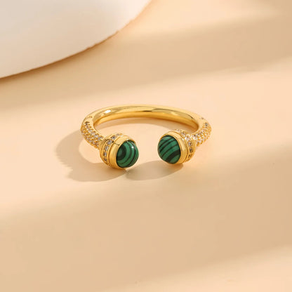 Copper 18K Gold Plated Inlay Geometric Malachite Zircon Open Rings