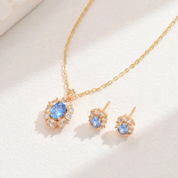 Copper 18K Gold Plated Inlay Geometric Zircon Earrings Necklace Jewelry Set