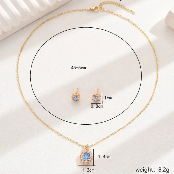 Copper 18K Gold Plated Inlay Geometric Zircon Earrings Necklace Jewelry Set