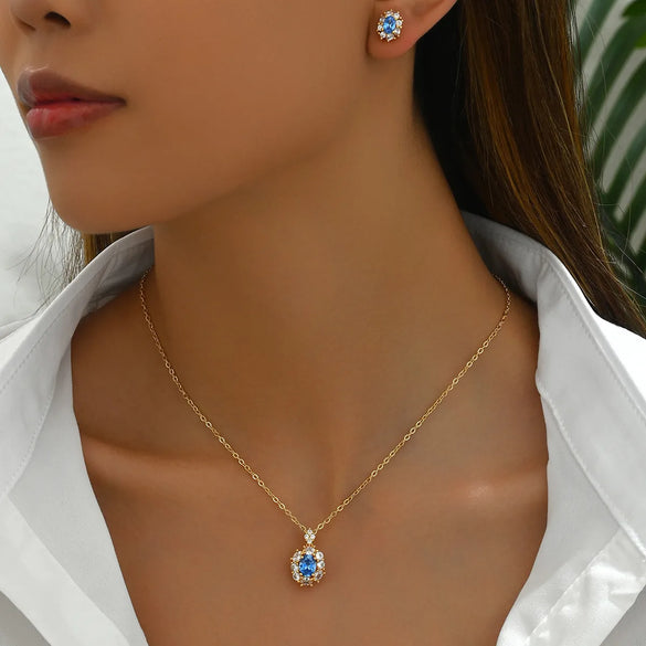 Copper 18K Gold Plated Inlay Geometric Zircon Earrings Necklace Jewelry Set