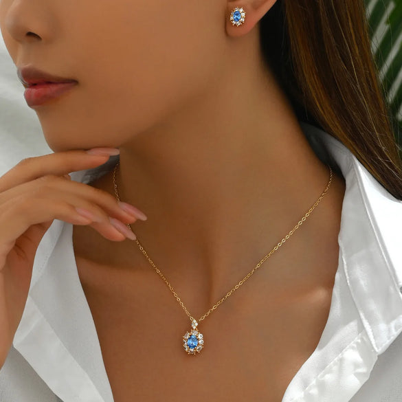Copper 18K Gold Plated Inlay Geometric Zircon Earrings Necklace Jewelry Set