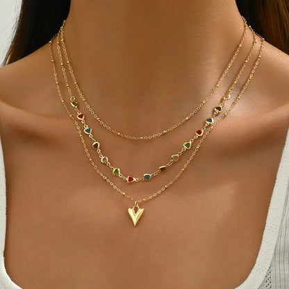 Copper 18K Gold Plated Inlay Heart Shape Glass Three Layer Necklace