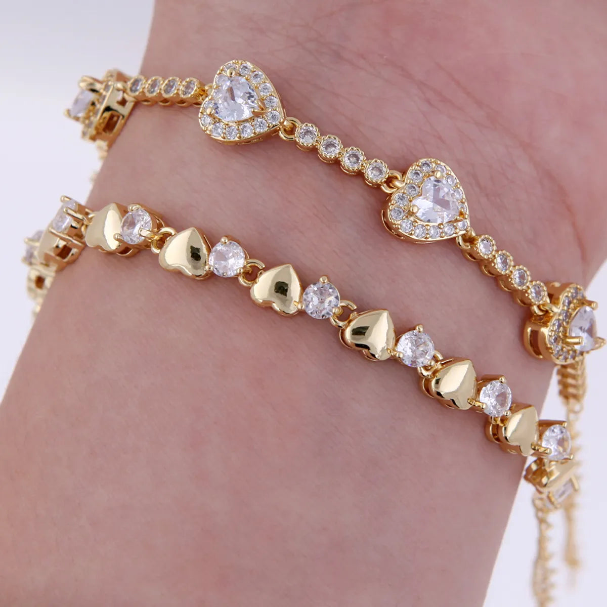 Copper 18K Gold Plated Inlay Heart Shape Zircon Bracelets