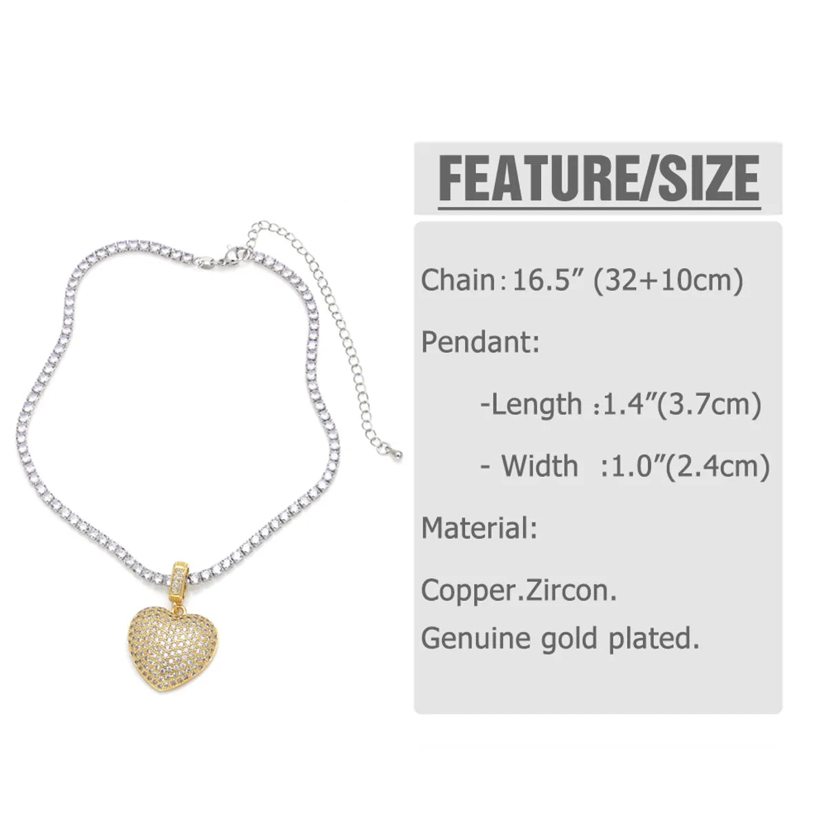 Copper 18K Gold Plated Inlay Heart Shape Zircon Pendant Necklace