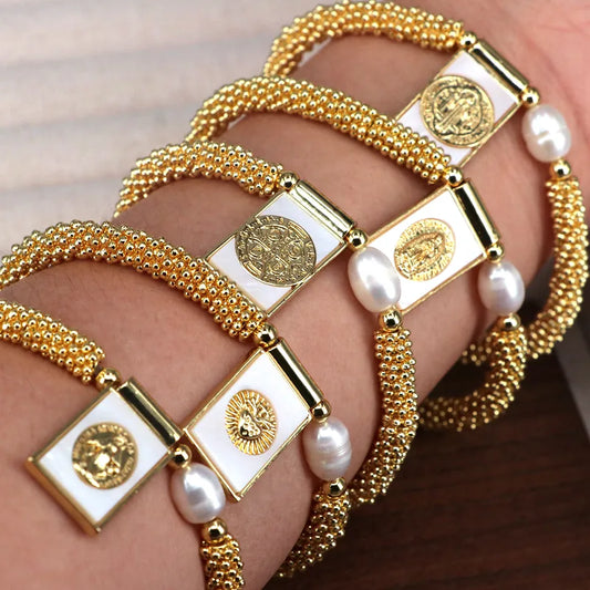 Copper 18K Gold Plated Inlay Human Geometric Artificial Pearls Shell Bracelets