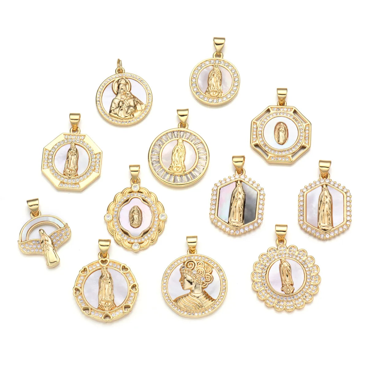 Copper 18K Gold Plated Inlay Human Round Virgin Mary Shell Zircon Pendant Necklace