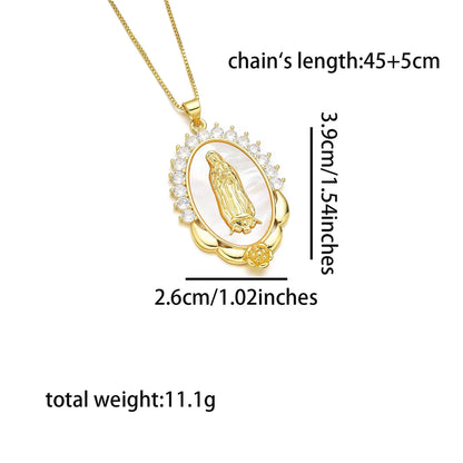 Copper 18K Gold Plated Inlay Human Virgin Mary Heart Shape Shell Zircon Pendant Necklace