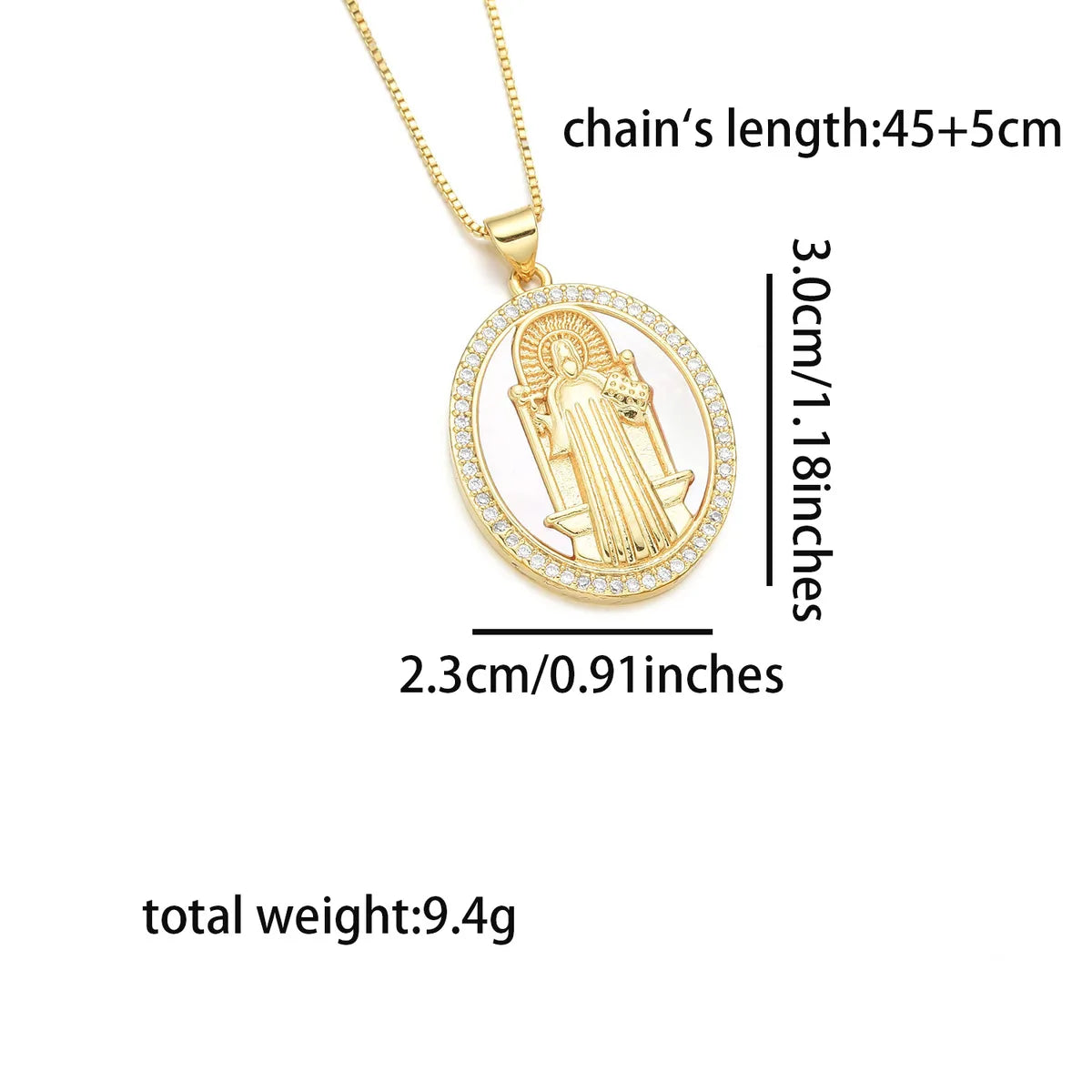 Copper 18K Gold Plated Inlay Human Virgin Mary Heart Shape Shell Zircon Pendant Necklace