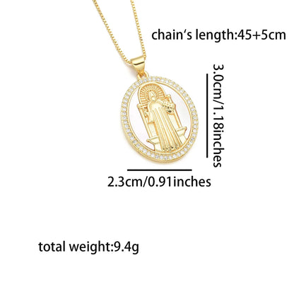 Copper 18K Gold Plated Inlay Human Virgin Mary Heart Shape Shell Zircon Pendant Necklace