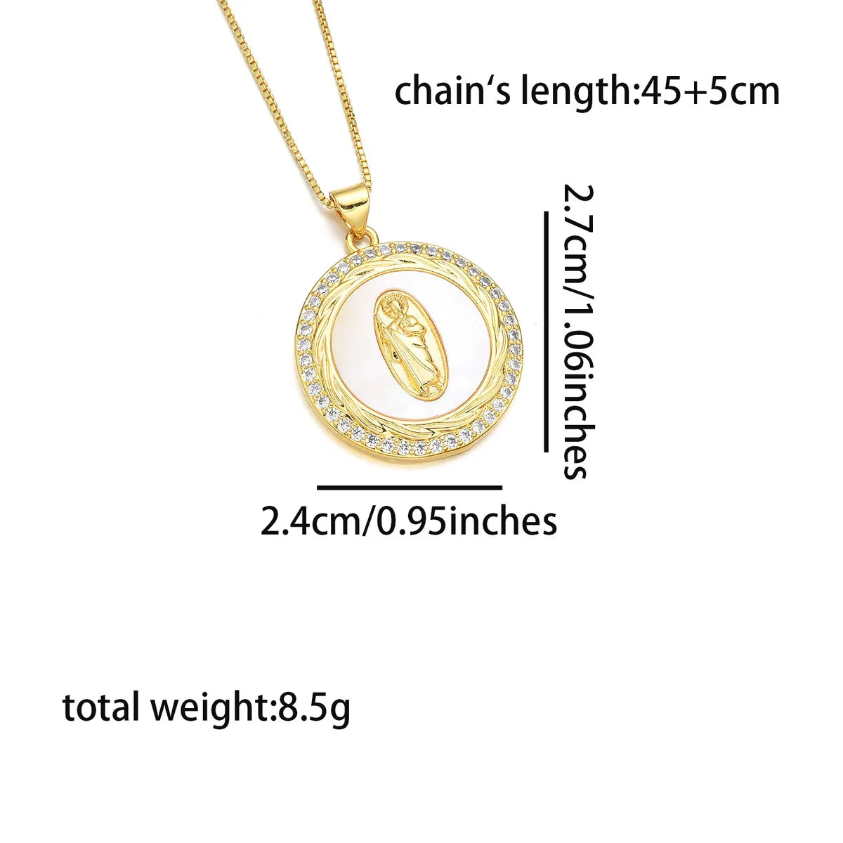 Copper 18K Gold Plated Inlay Human Virgin Mary Heart Shape Shell Zircon Pendant Necklace