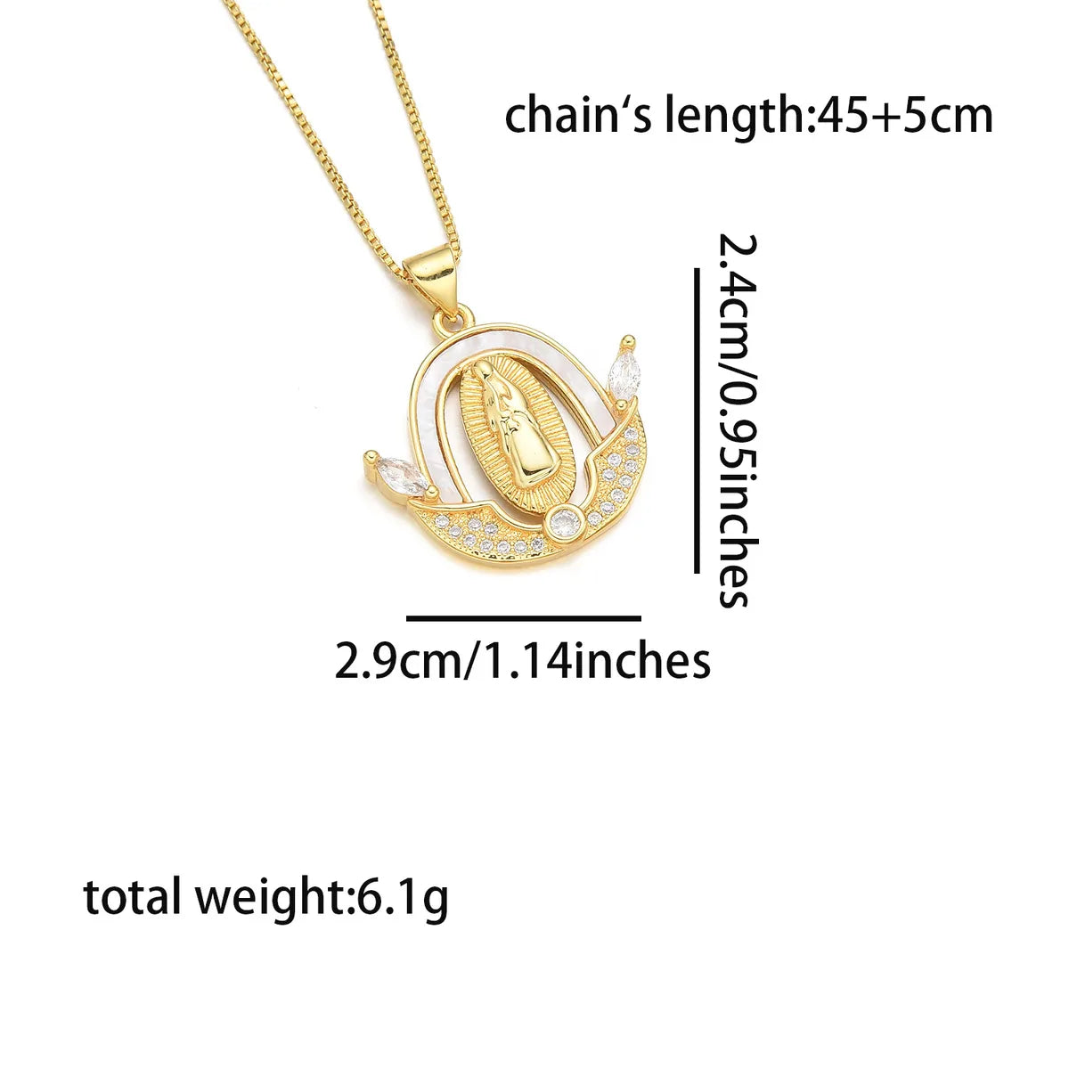 Copper 18K Gold Plated Inlay Human Virgin Mary Heart Shape Shell Zircon Pendant Necklace