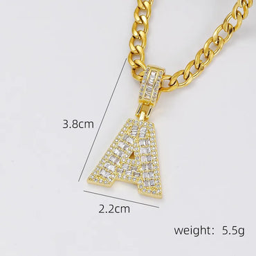 Copper 18K Gold Plated Inlay Letter Zircon Pendant Necklace