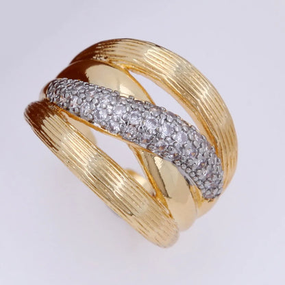 Copper 18K Gold Plated Inlay Lines Zircon Open Rings