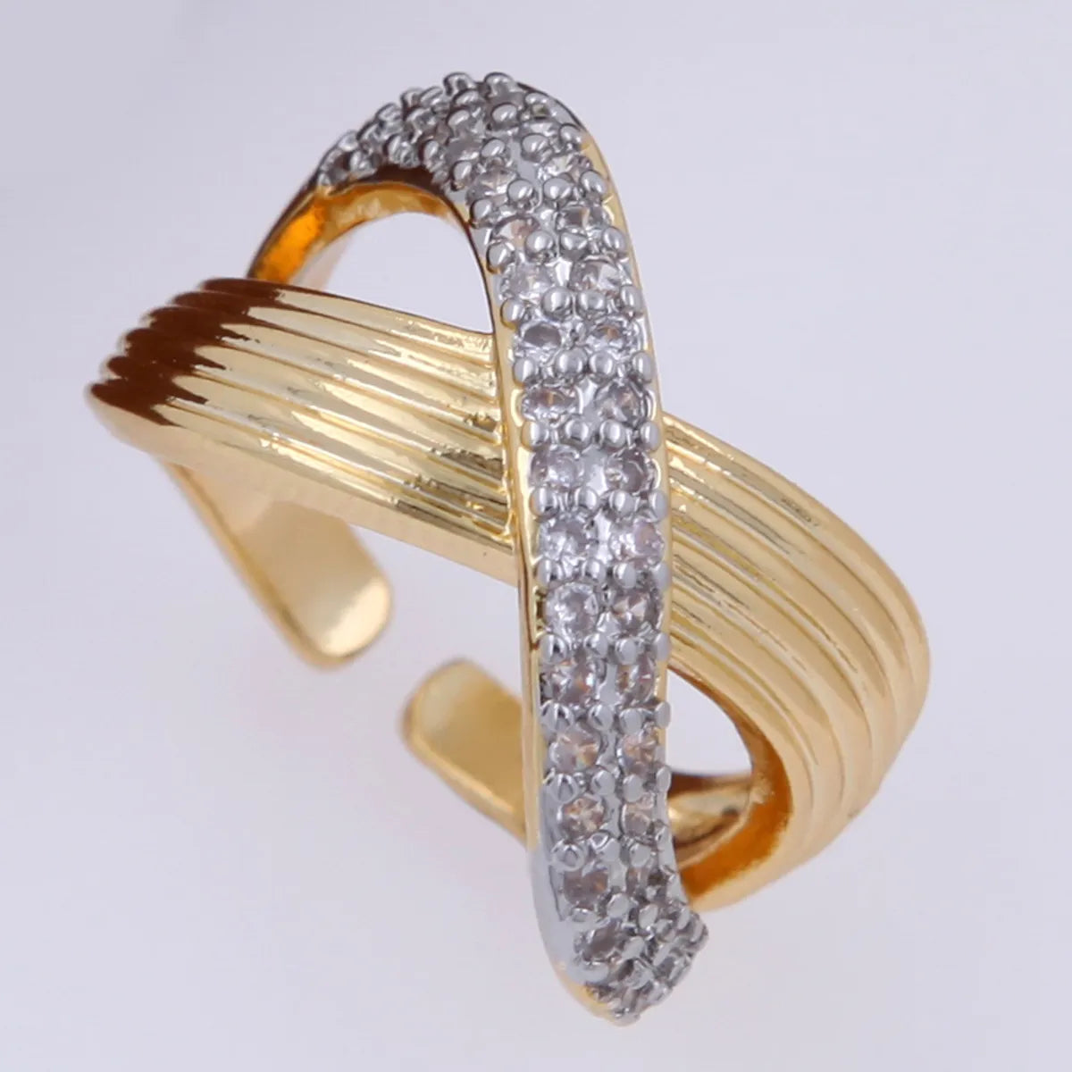 Copper 18K Gold Plated Inlay Lines Zircon Open Rings