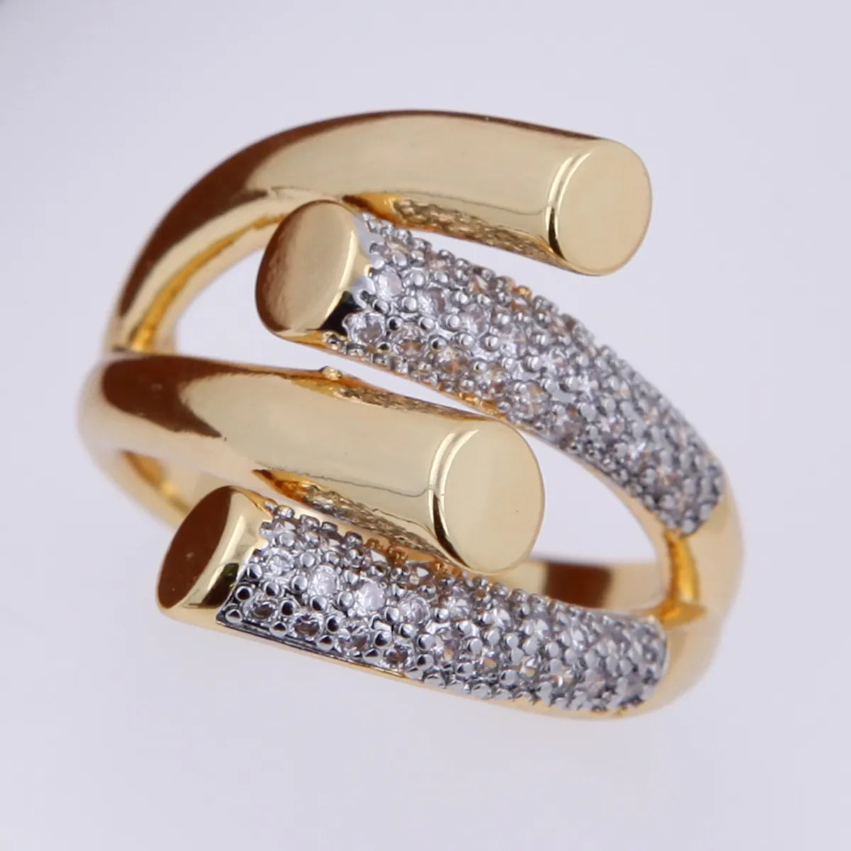 Copper 18K Gold Plated Inlay Lines Zircon Open Rings