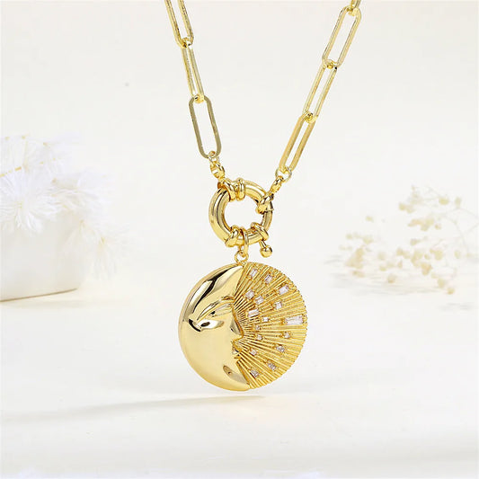 Copper 18K Gold Plated Inlay Moon Oval Zircon Pendant Necklace