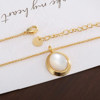 Copper 18K Gold Plated Inlay Oval Pearl Pendant Necklace