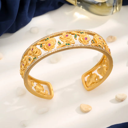 Copper 18K Gold Plated Inlay Rose Zircon Cuff Bracelets