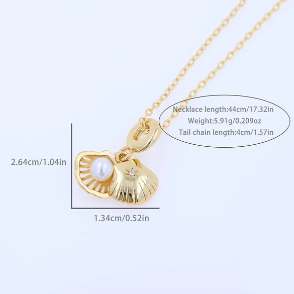 Copper 18K Gold Plated Inlay Starfish Shell Artificial Pearls Zircon Pendant Necklace