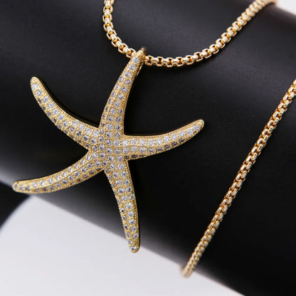 Copper 18K Gold Plated Inlay Starfish Zircon Pendant Necklace