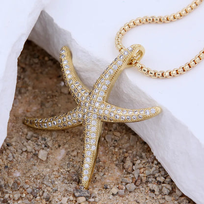 Copper 18K Gold Plated Inlay Starfish Zircon Pendant Necklace