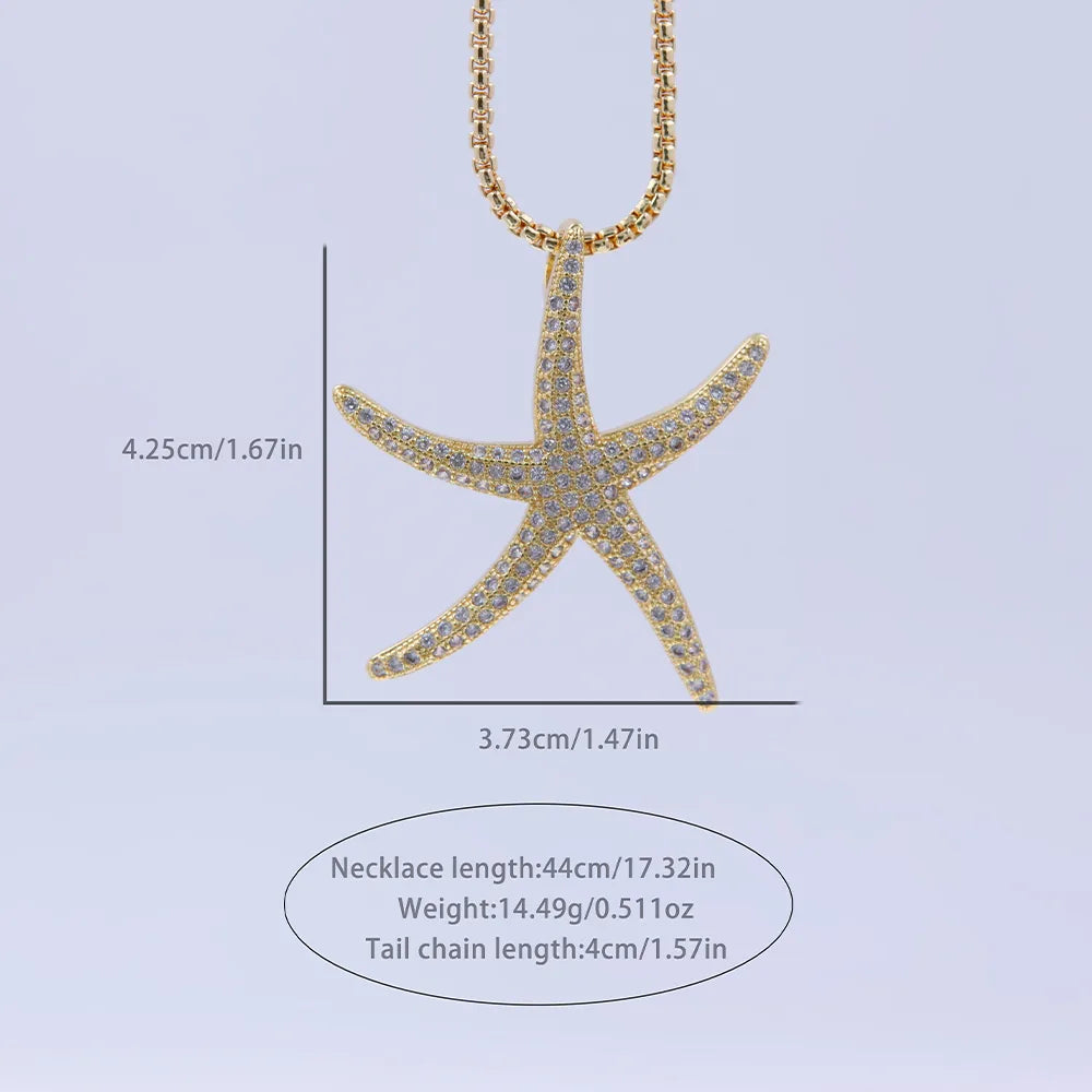 Copper 18K Gold Plated Inlay Starfish Zircon Pendant Necklace