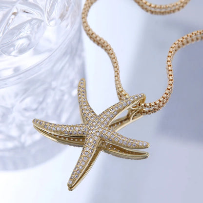 Copper 18K Gold Plated Inlay Starfish Zircon Pendant Necklace