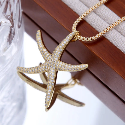 Copper 18K Gold Plated Inlay Starfish Zircon Pendant Necklace