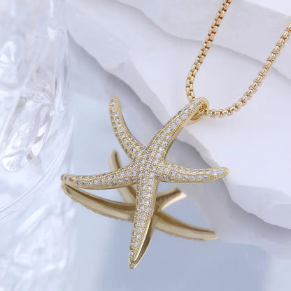 Copper 18K Gold Plated Inlay Starfish Zircon Pendant Necklace