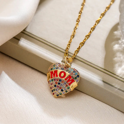 Copper 18K Gold Plated MAMA Letter Heart Shape Inlay Zircon Pendant Necklace