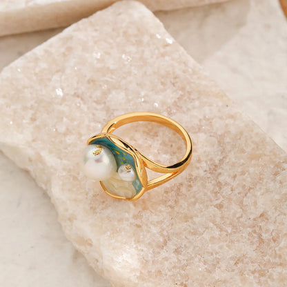 Copper 18K Gold Plated Marine Style Enamel Inlay Ocean Freshwater Pearl Open Rings