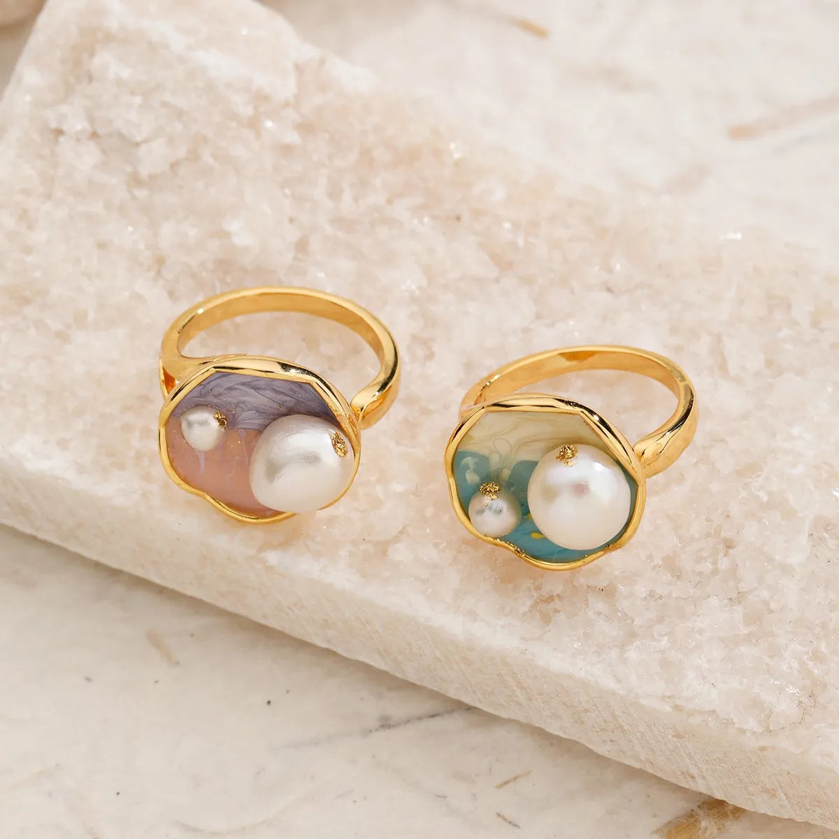 Copper 18K Gold Plated Marine Style Enamel Inlay Ocean Freshwater Pearl Open Rings