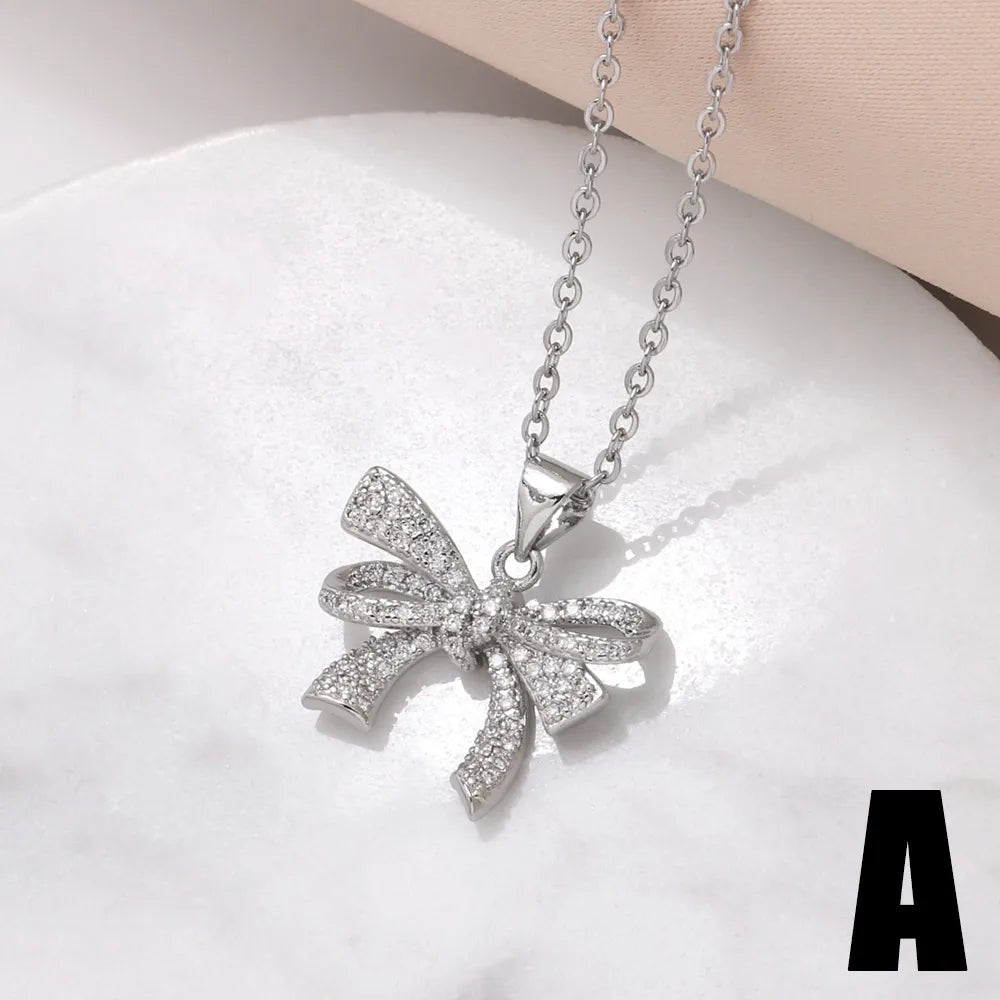 Copper 18K Gold Plated Modern Style Simple Style Plating Inlay Bow Knot Zircon Pendant Necklace