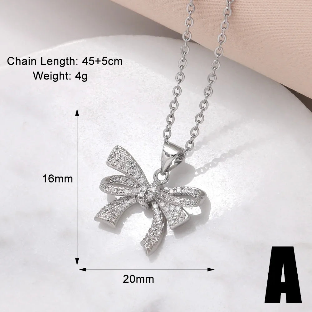 Copper 18K Gold Plated Modern Style Simple Style Plating Inlay Bow Knot Zircon Pendant Necklace