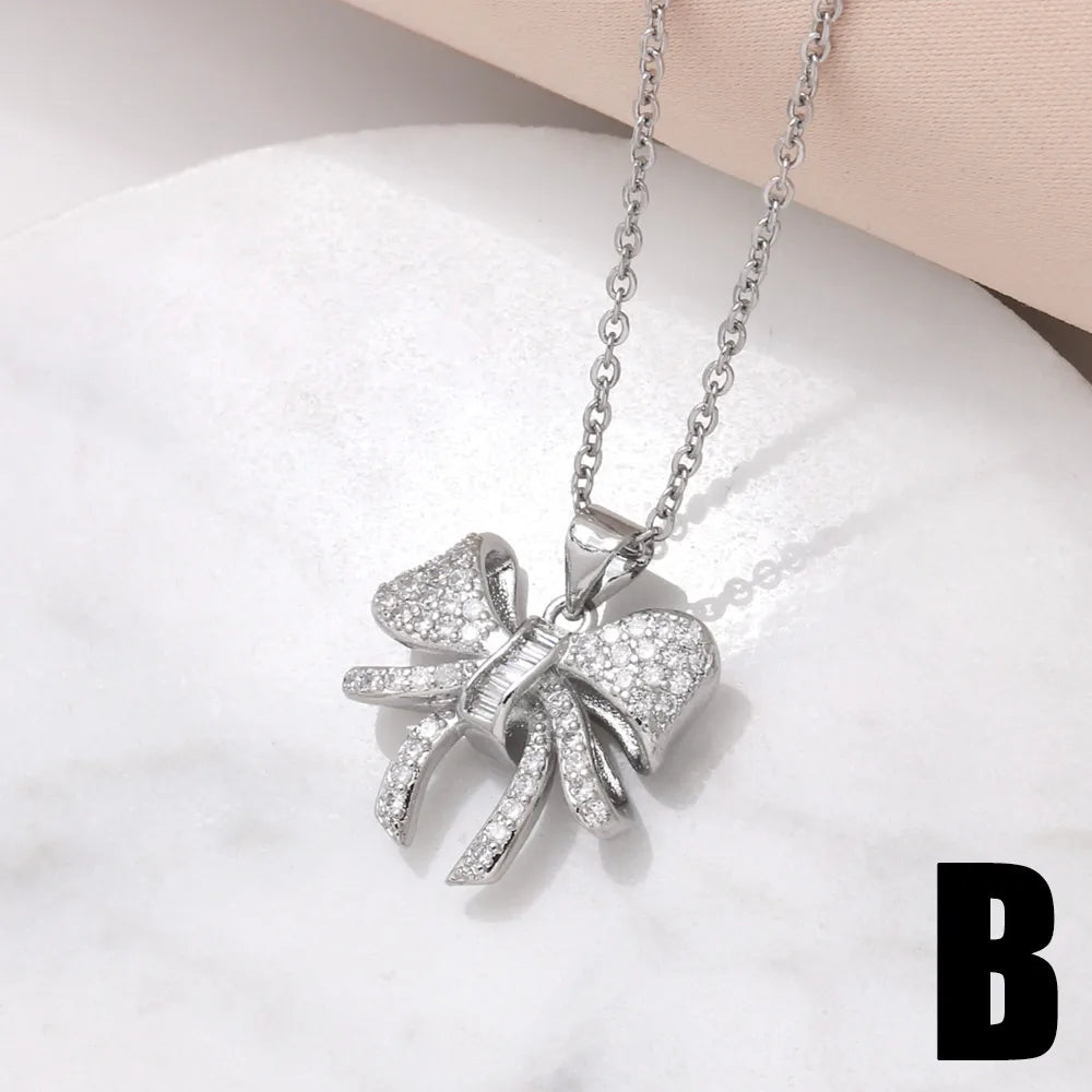 Copper 18K Gold Plated Modern Style Simple Style Plating Inlay Bow Knot Zircon Pendant Necklace