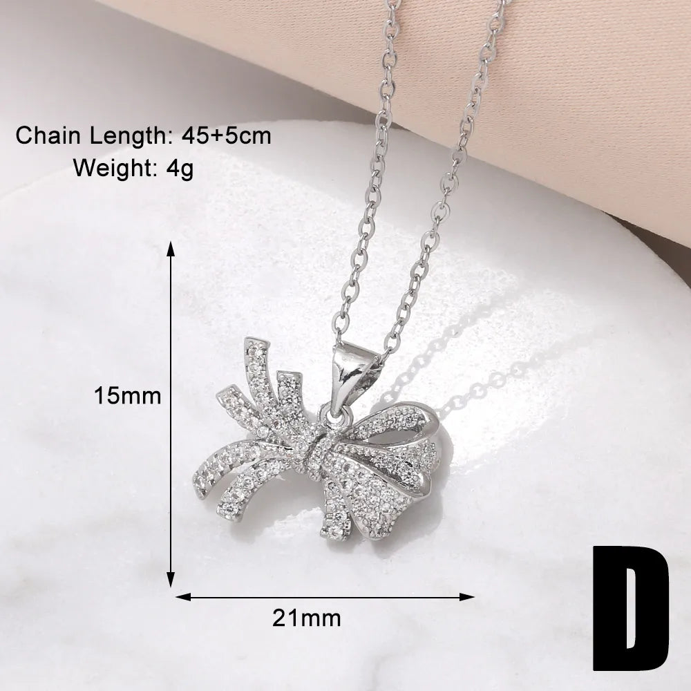 Copper 18K Gold Plated Modern Style Simple Style Plating Inlay Bow Knot Zircon Pendant Necklace