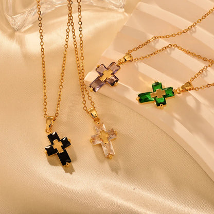 Copper 18K Gold Plated Nordic Style Classic Style Cross Inlay Zircon Pendant Necklace