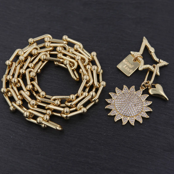 Copper 18K Gold Plated Patchwork Hollow Out Sun Letter Heart Shape Zircon Pendant Necklace