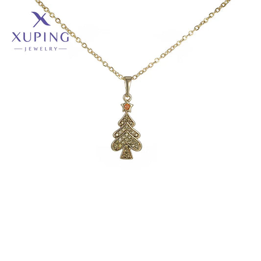 Copper 18K Gold Plated Plating Christmas Tree Artificial Gemstones Pendant Necklace