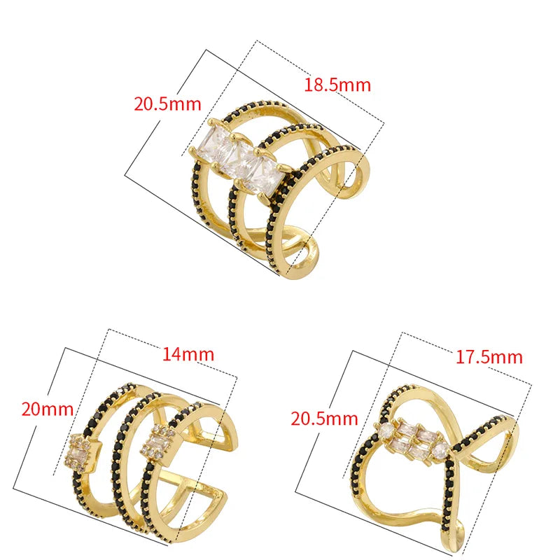 Copper 18K Gold Plated Plating Hollow Out Inlay C Shape Layered Zircon Open Rings