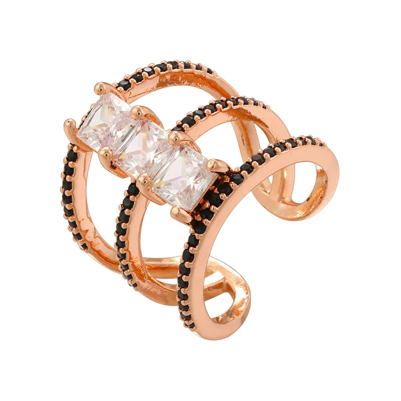 Copper 18K Gold Plated Plating Hollow Out Inlay C Shape Layered Zircon Open Rings