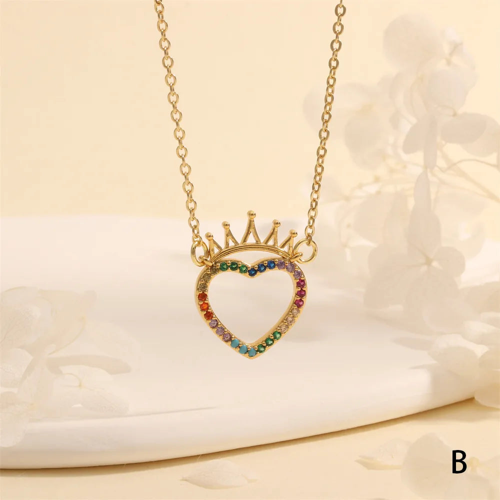 Copper 18K Gold Plated Plating Hollow Out Inlay Heart Shape Zircon Pendant Necklace