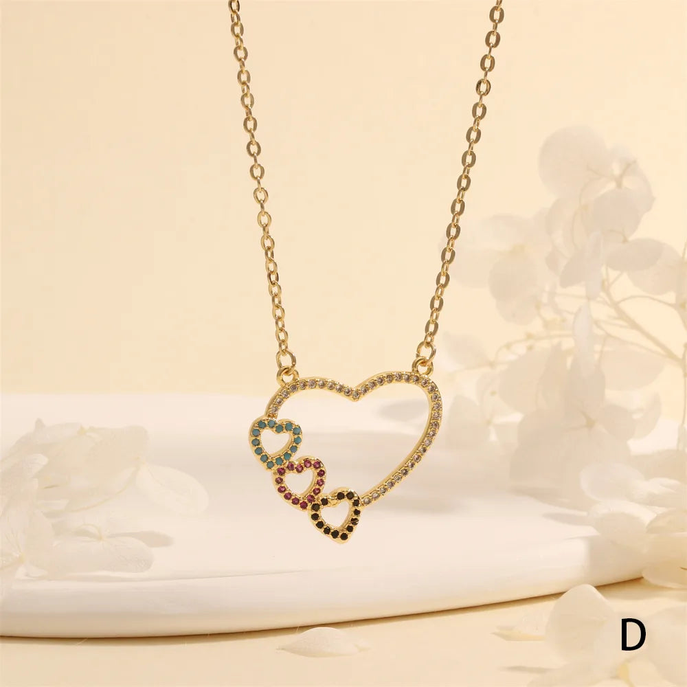 Copper 18K Gold Plated Plating Hollow Out Inlay Heart Shape Zircon Pendant Necklace