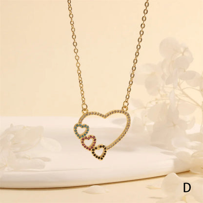 Copper 18K Gold Plated Plating Hollow Out Inlay Heart Shape Zircon Pendant Necklace