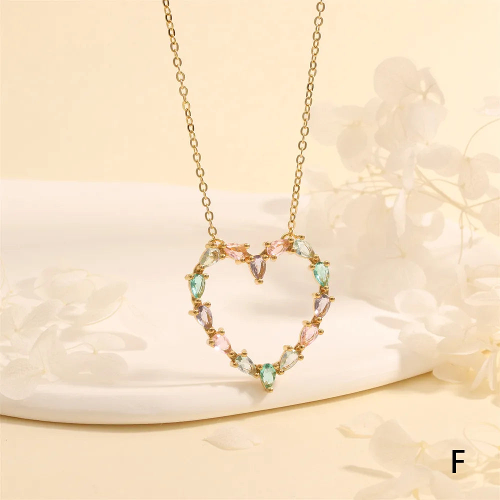 Copper 18K Gold Plated Plating Hollow Out Inlay Heart Shape Zircon Pendant Necklace