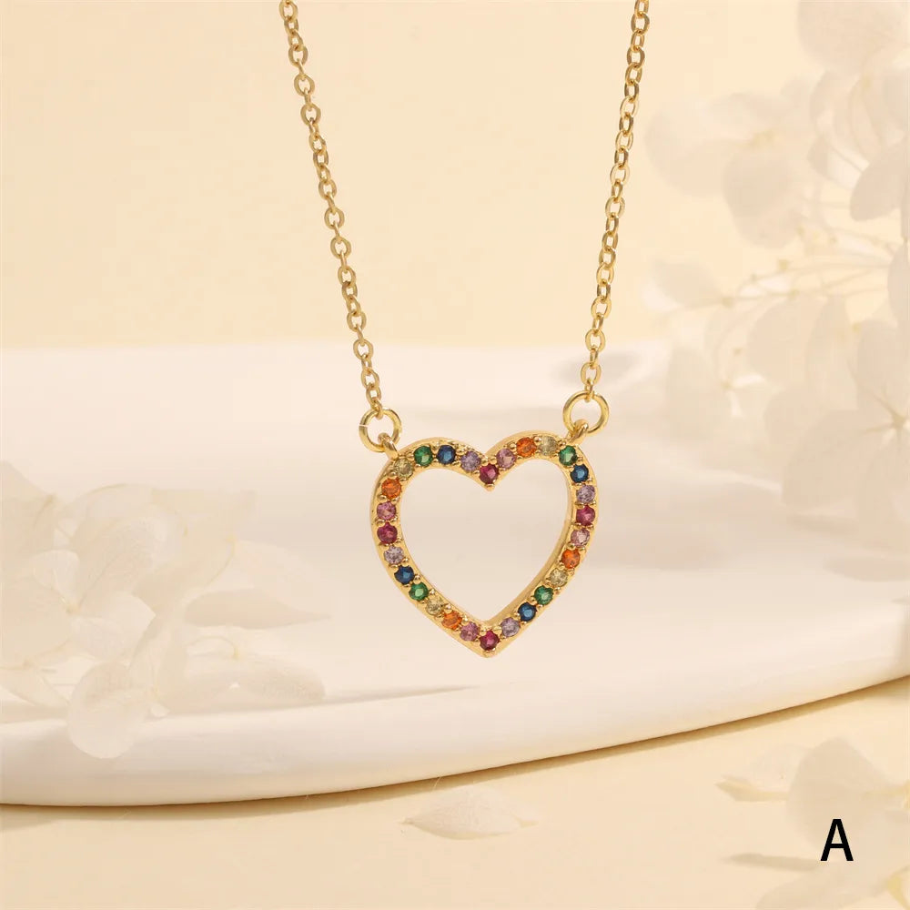 Copper 18K Gold Plated Plating Hollow Out Inlay Heart Shape Zircon Pendant Necklace